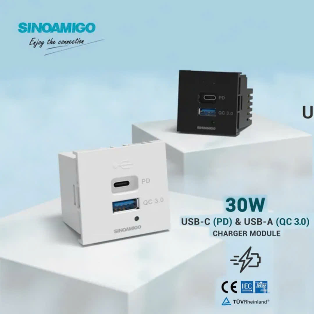 Ổ cắm sạc điện thoại âm tường, âm bàn Sinoamigo USB Type-A và USB Type-C  P21-QC1 chính hãng